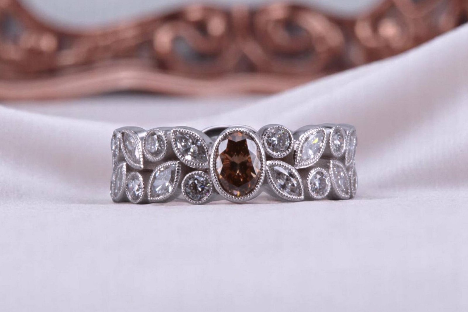 Non-traditional rootbeer diamond floral ring for couples in Del Mar