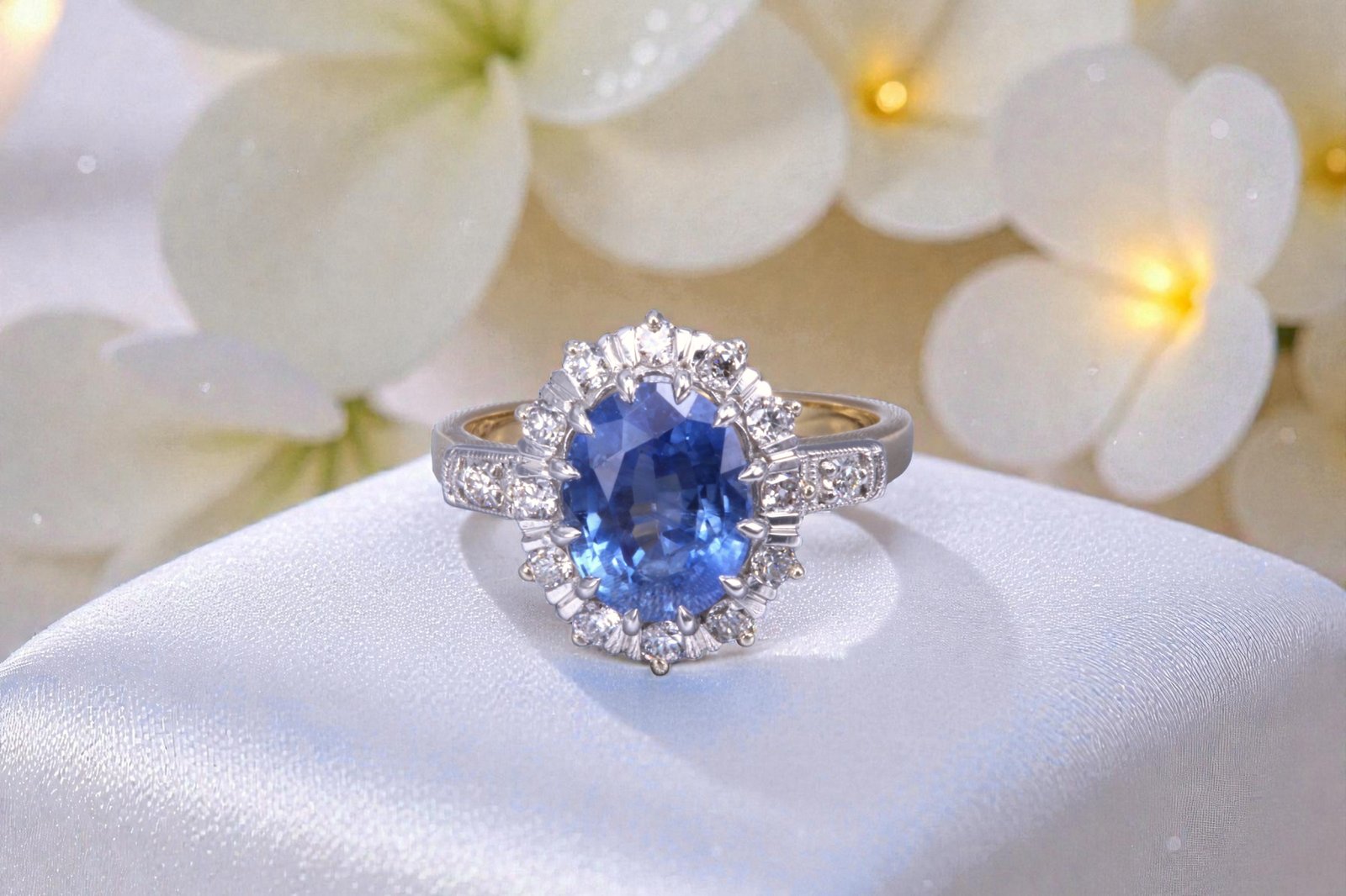 Custom sapphire and diamond engagement ring for couples in Del Mar